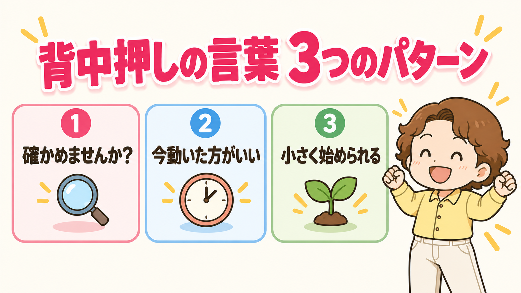 背中押しの言葉 3つのパターン：①確かめませんか？②今動いた方がいい③小さく始められる