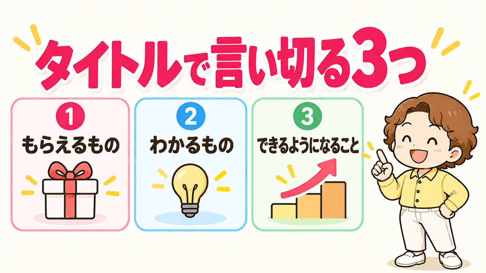 タイトルで言い切る3つ（もらえるもの・わかるもの・できるようになること）