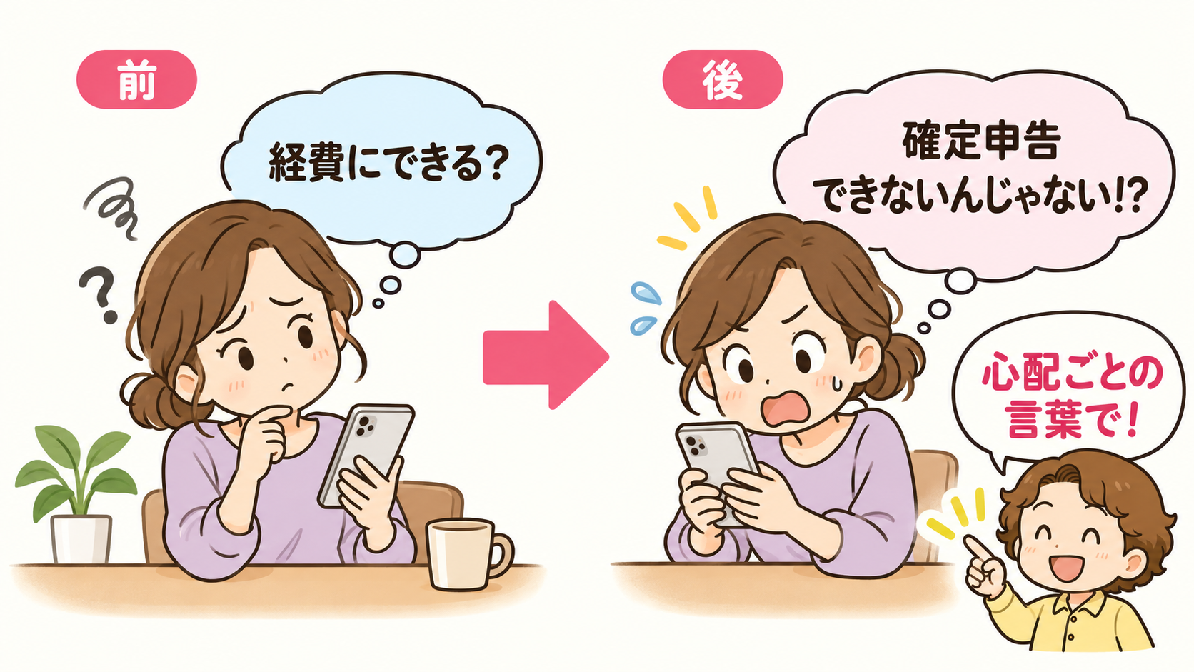 前：「経費にできる？」でむずかしい顔／後：「確定申告できないんじゃない！？」でドキッとする顔。心配ごとの言葉で！